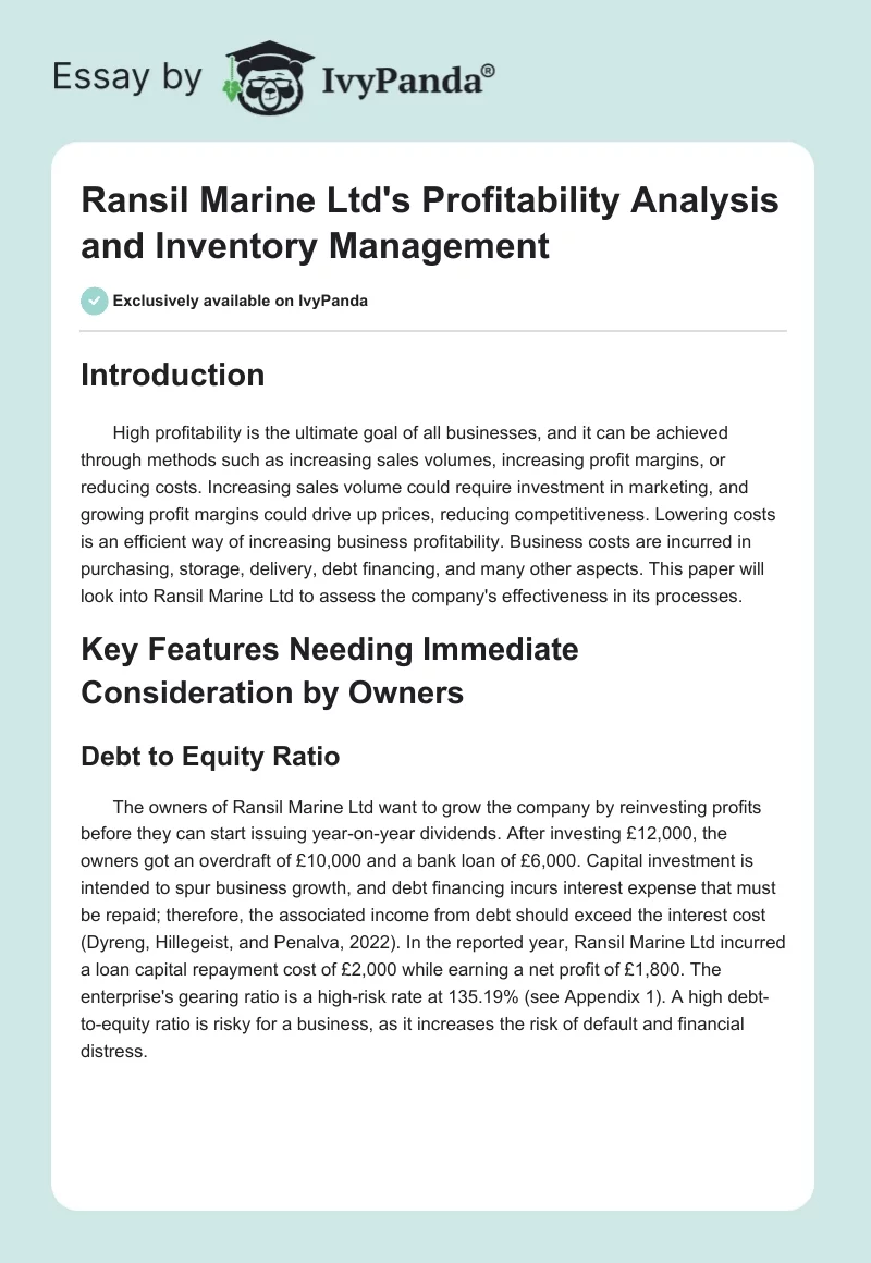 Ransil Marine Ltd's Profitability Analysis and Inventory Management. Page 1