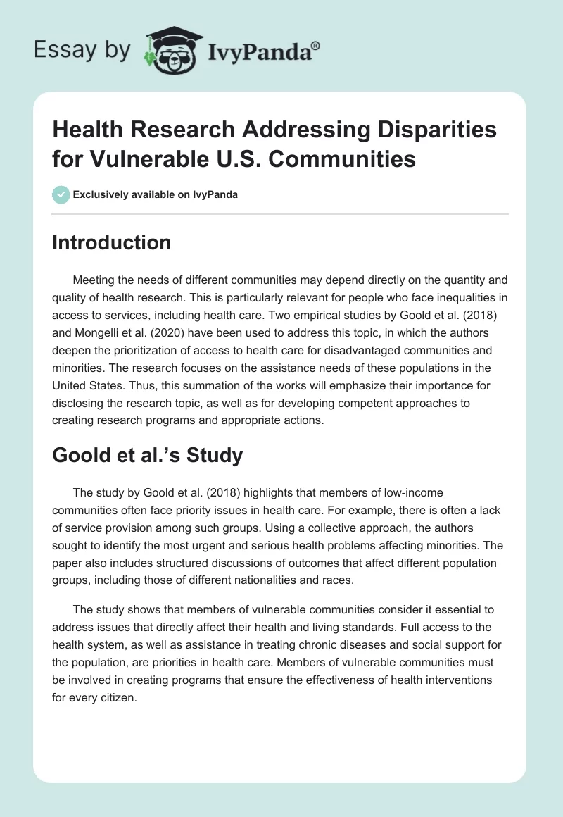 Health Research Addressing Disparities for Vulnerable U.S. Communities. Page 1
