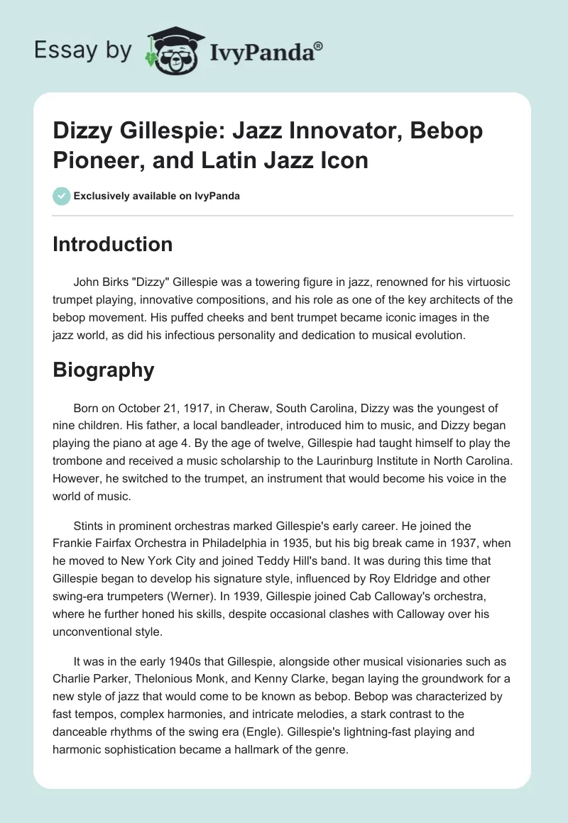 Dizzy Gillespie: Jazz Innovator, Bebop Pioneer, and Latin Jazz Icon. Page 1