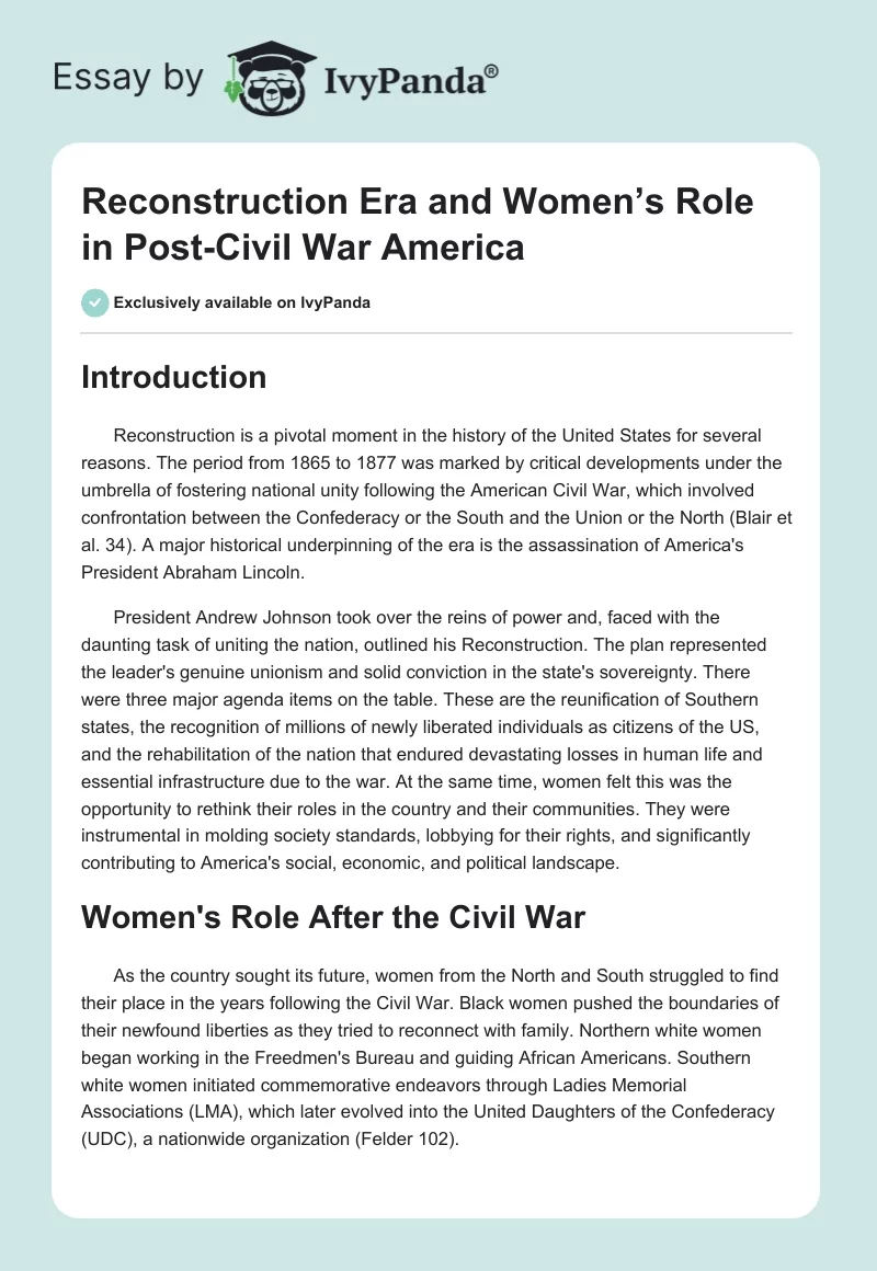 Reconstruction Era and Women’s Role in Post-Civil War America. Page 1