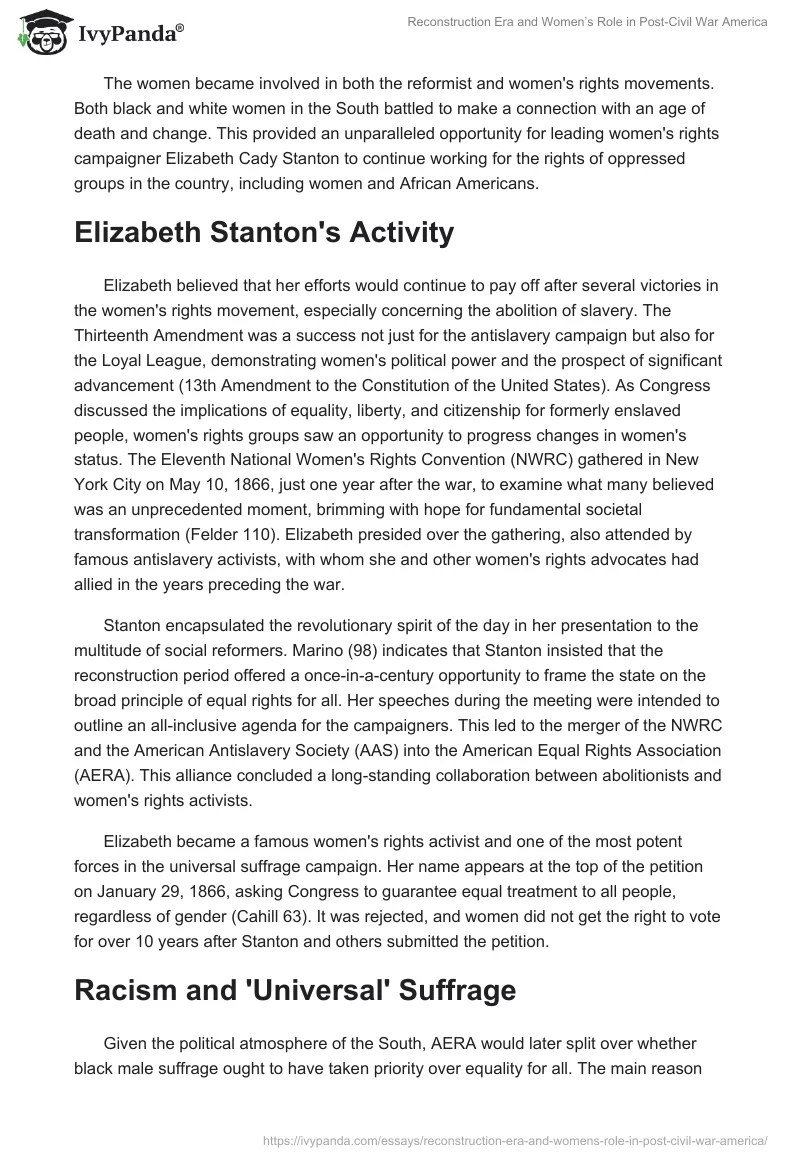 Reconstruction Era and Women’s Role in Post-Civil War America. Page 2