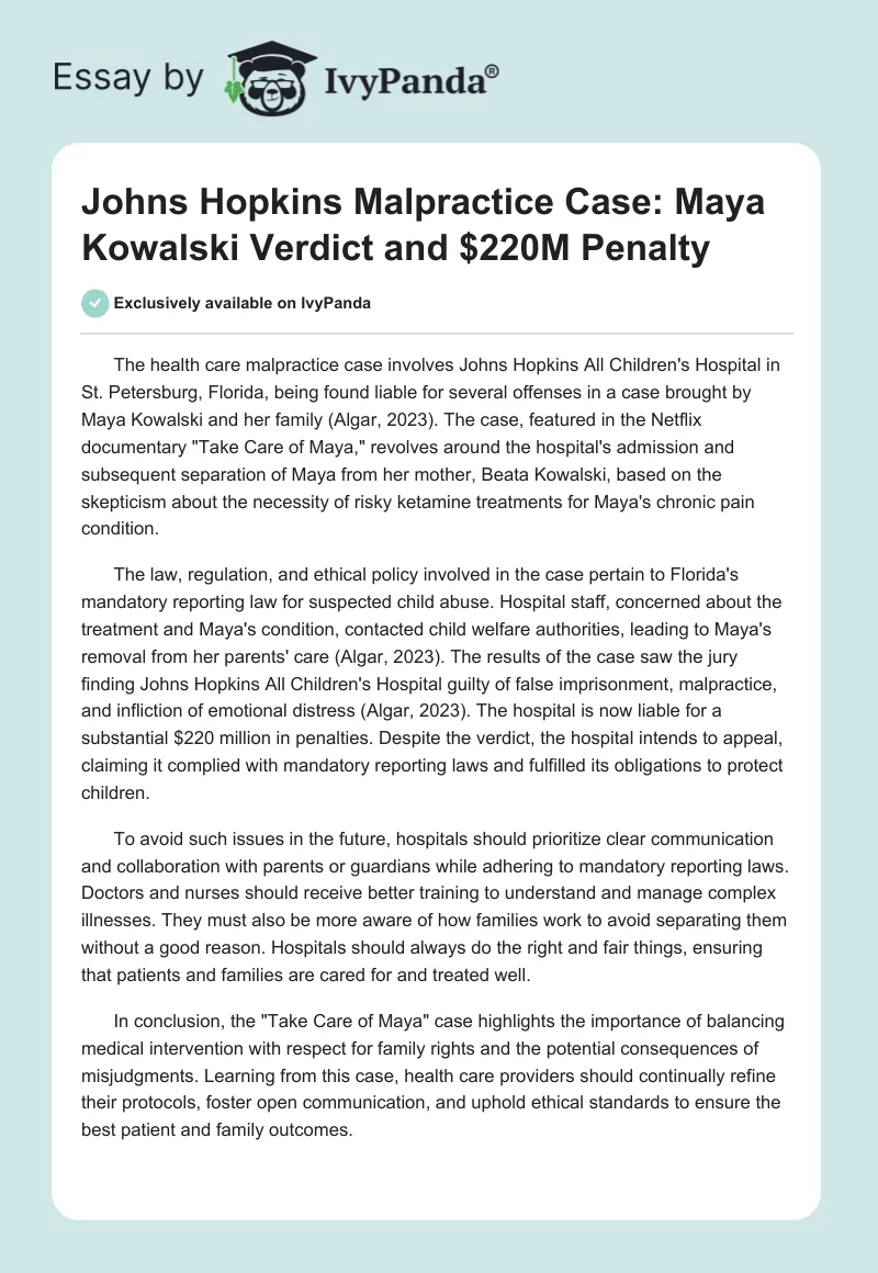 Johns Hopkins Malpractice Case: Maya Kowalski Verdict and $220M Penalty. Page 1
