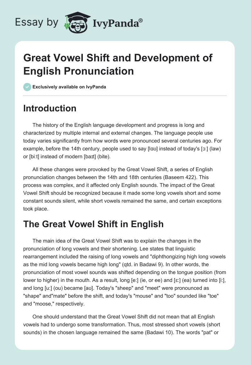 Great Vowel Shift and Development of English Pronunciation. Page 1