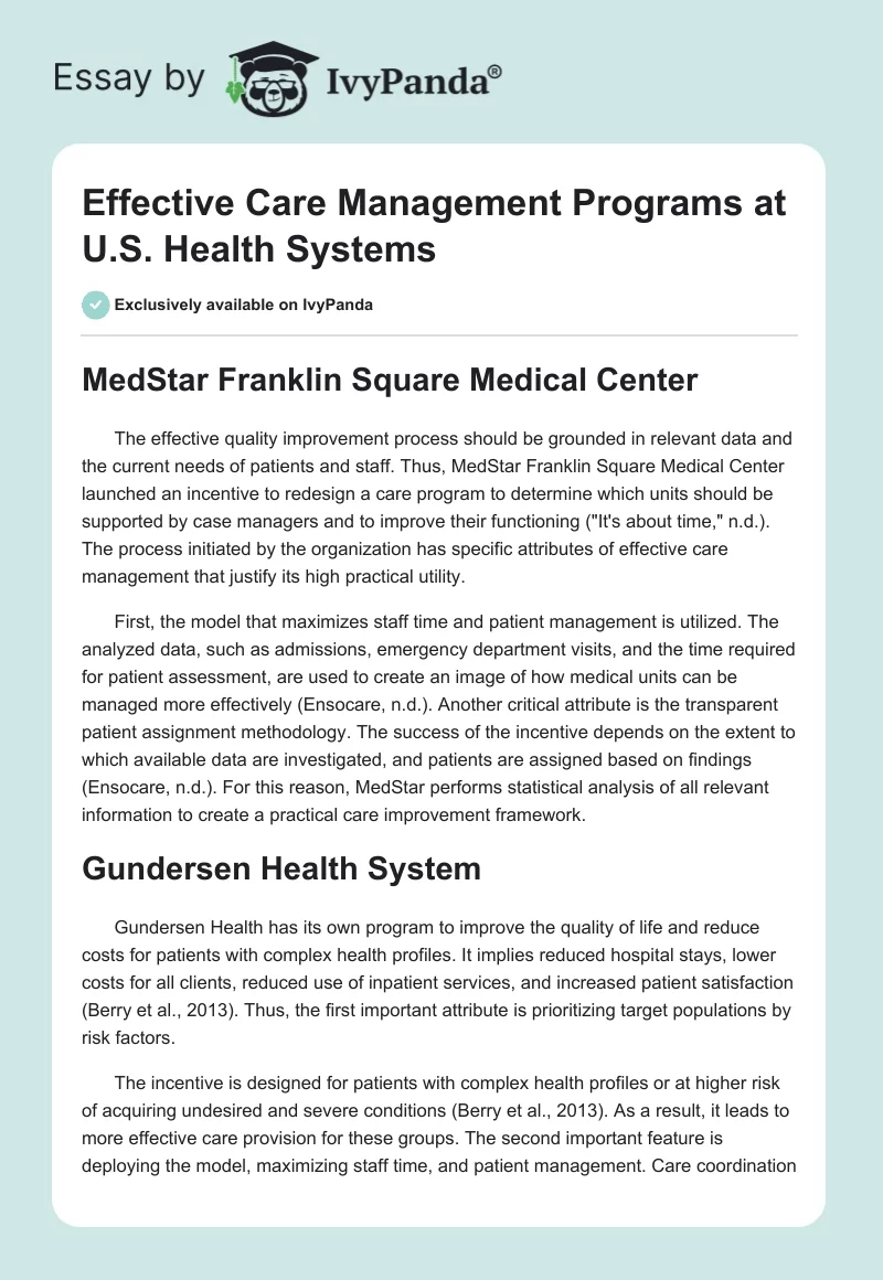 Effective Care Management Programs at U.S. Health Systems. Page 1