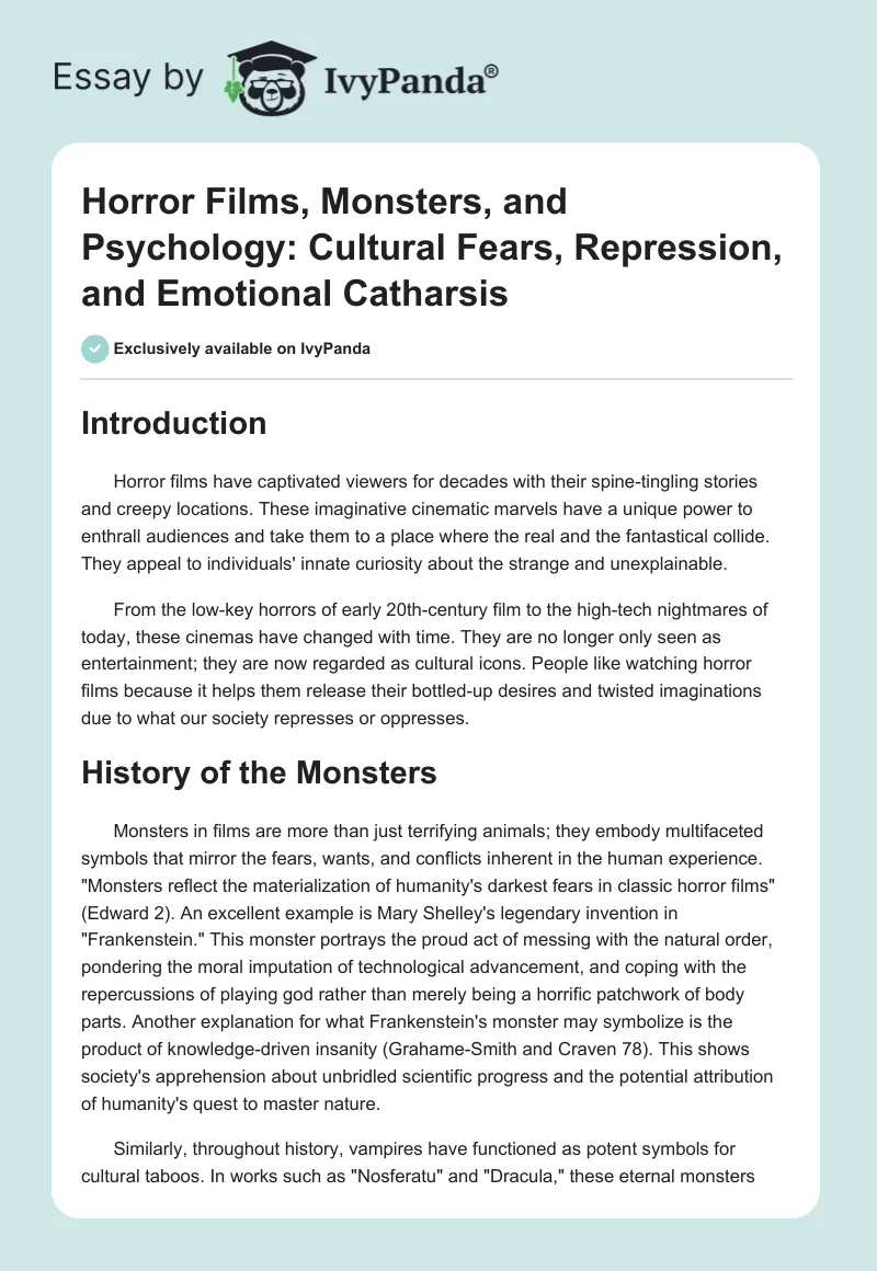 Horror Films, Monsters, and Psychology: Cultural Fears, Repression, and Emotional Catharsis. Page 1