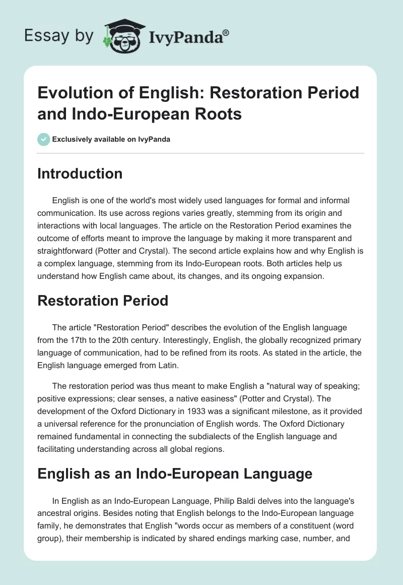 Evolution of English: Restoration Period and Indo-European Roots. Page 1