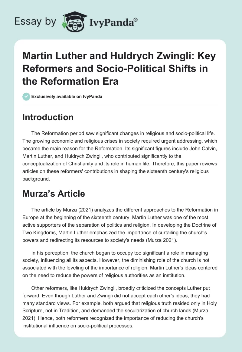 Martin Luther and Huldrych Zwingli: Key Reformers and Socio-Political Shifts in the Reformation Era. Page 1