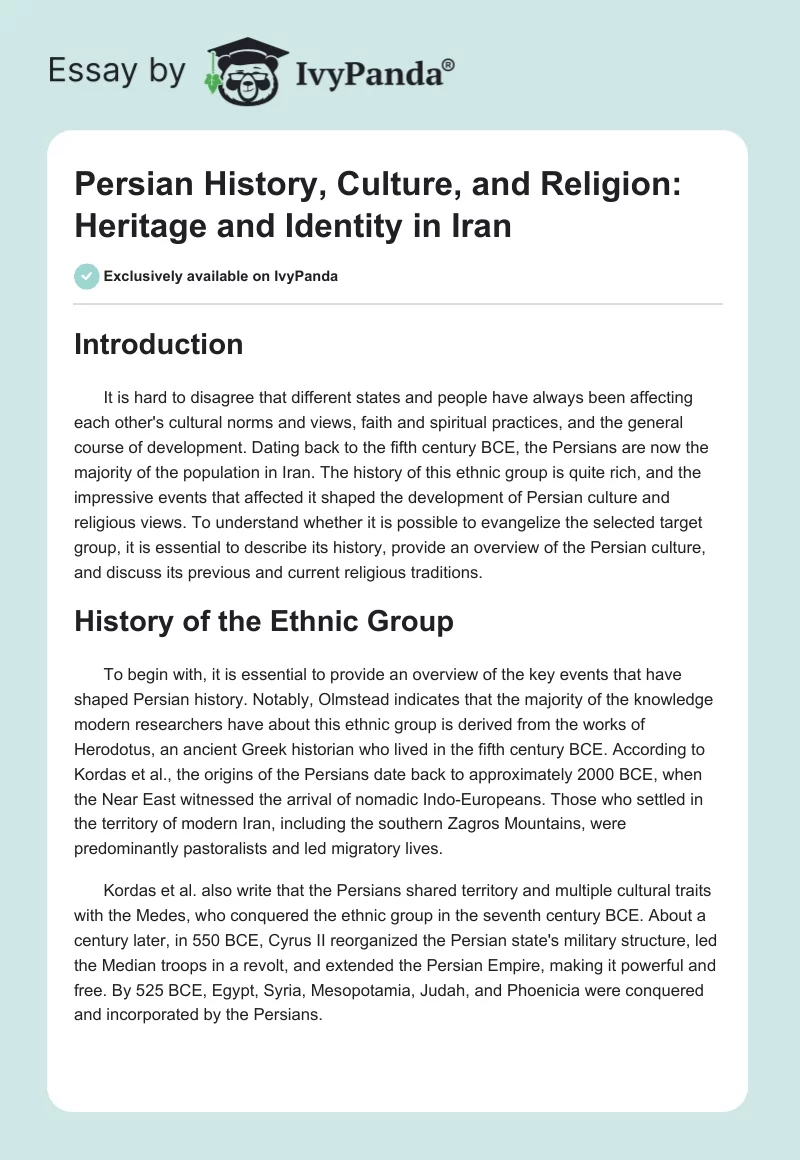 Persian History, Culture, and Religion: Heritage and Identity in Iran. Page 1