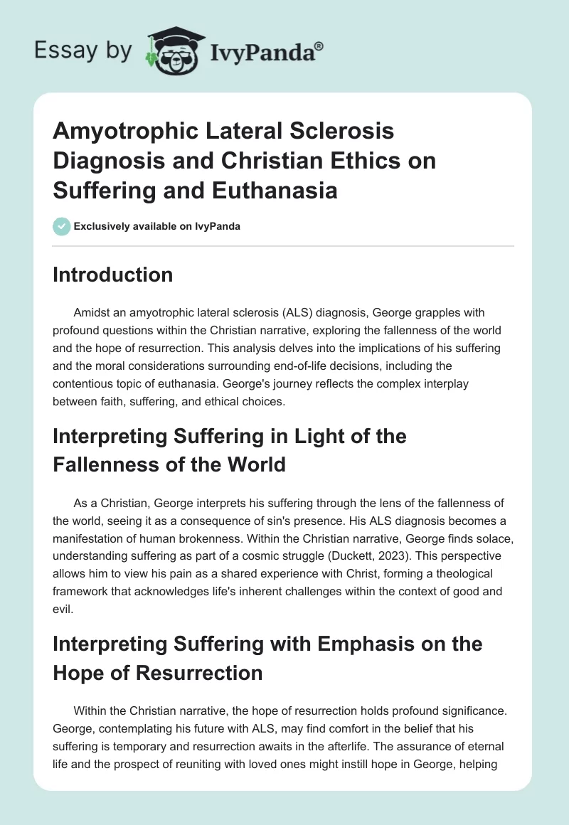 Amyotrophic Lateral Sclerosis Diagnosis and Christian Ethics on Suffering and Euthanasia. Page 1