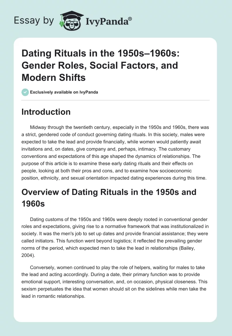 Dating Rituals in the 1950s–1960s: Gender Roles, Social Factors, and Modern Shifts. Page 1