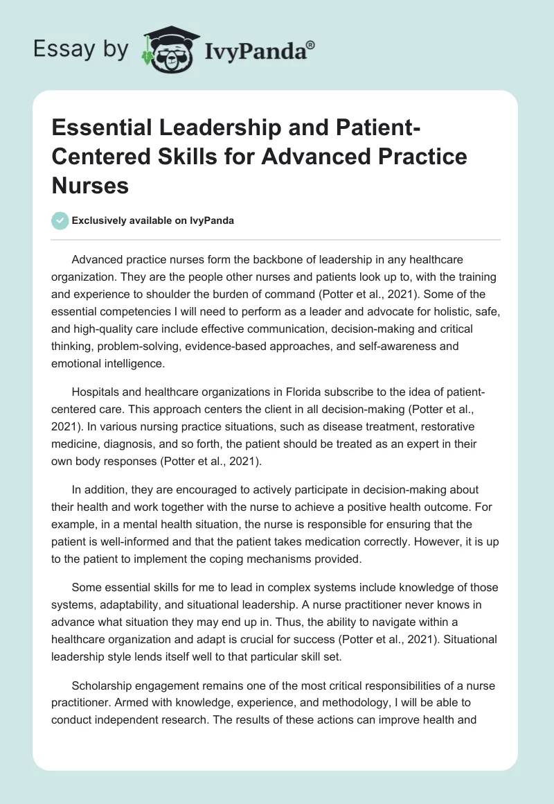 Essential Leadership and Patient-Centered Skills for Advanced Practice Nurses. Page 1