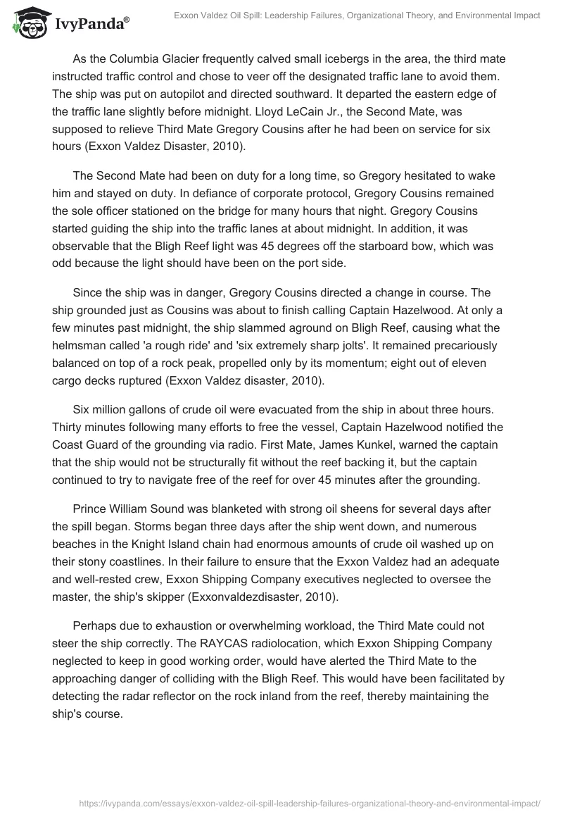Exxon Valdez Oil Spill: Leadership Failures, Organizational Theory, and Environmental Impact. Page 2