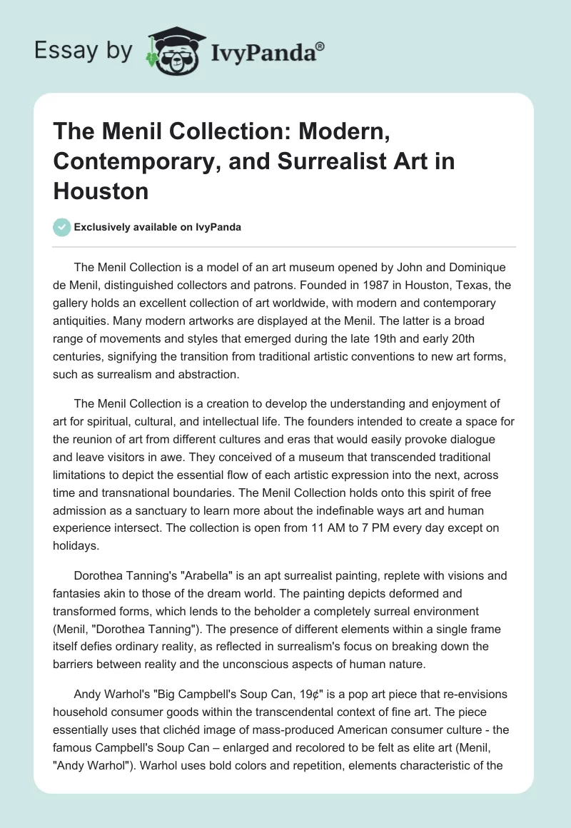 The Menil Collection: Modern, Contemporary, and Surrealist Art in Houston. Page 1