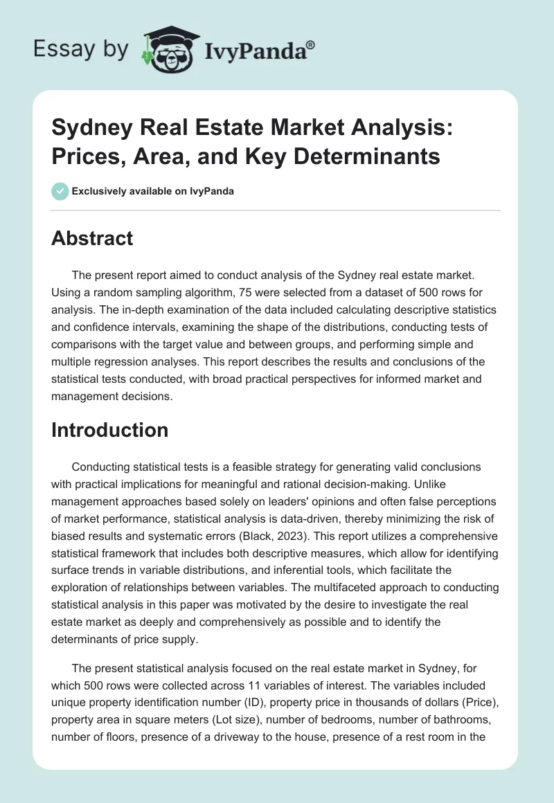 Sydney Real Estate Market Analysis: Prices, Area, and Key Determinants. Page 1