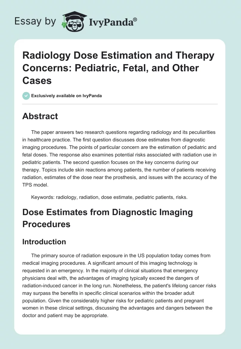 Radiology Dose Estimation and Therapy Concerns: Pediatric, Fetal, and Other Cases. Page 1