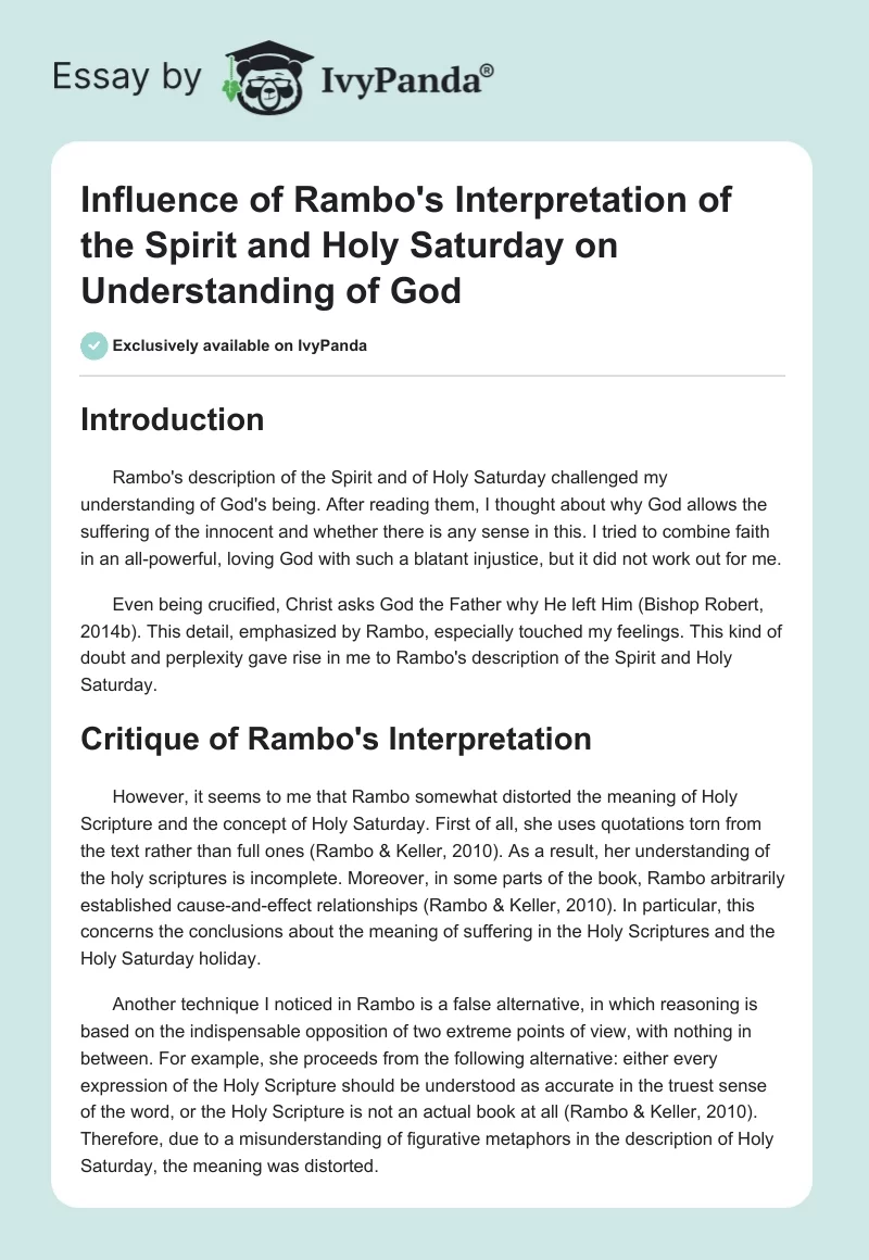 Influence of Rambo's Interpretation of the Spirit and Holy Saturday on Understanding of God. Page 1