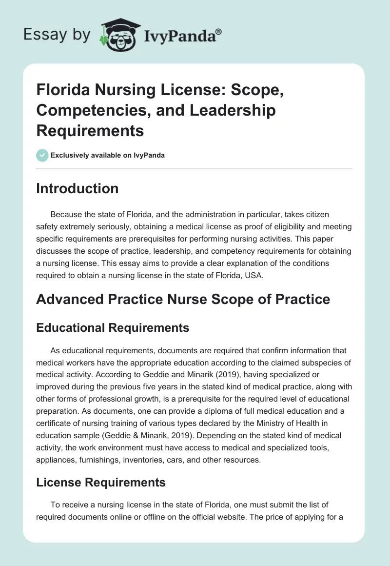 Florida Nursing License: Scope, Competencies, and Leadership Requirements. Page 1