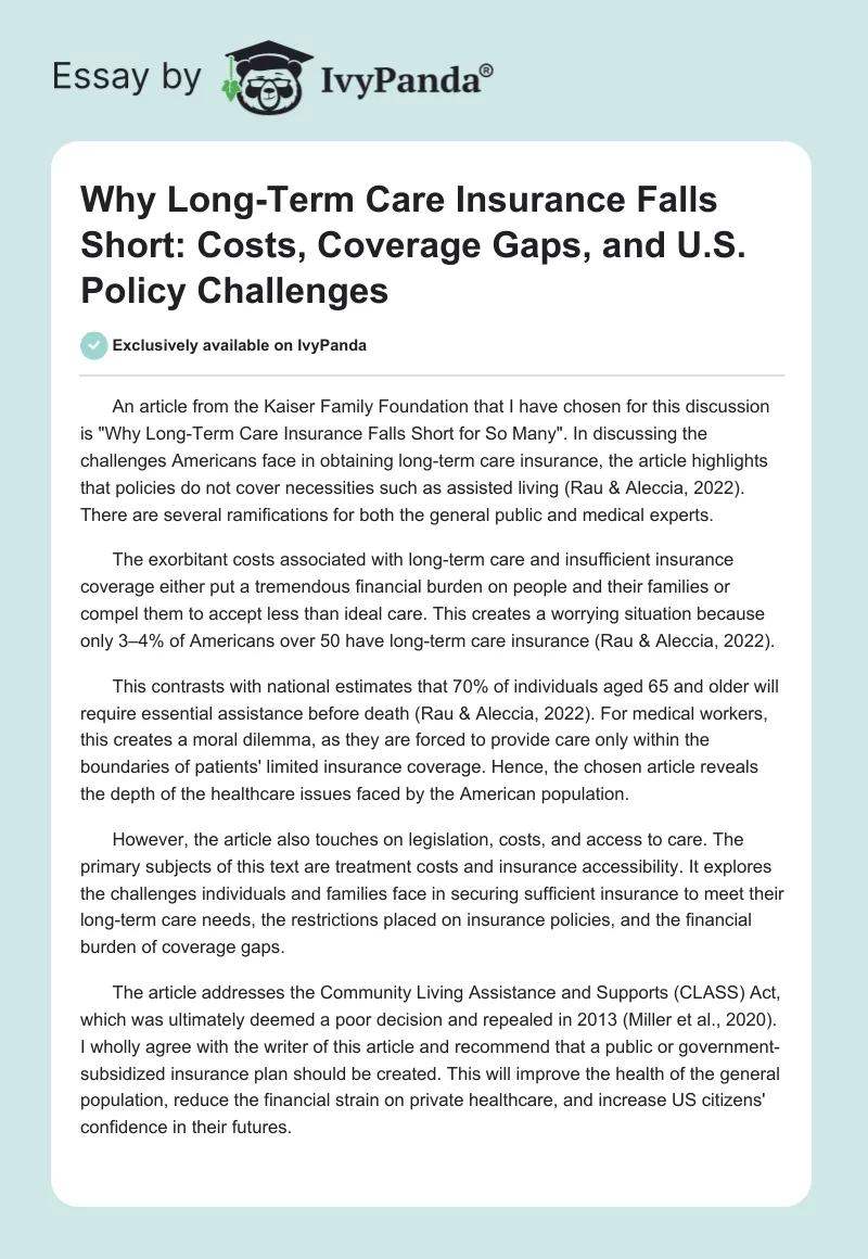 Why Long-Term Care Insurance Falls Short: Costs, Coverage Gaps, and U.S. Policy Challenges. Page 1
