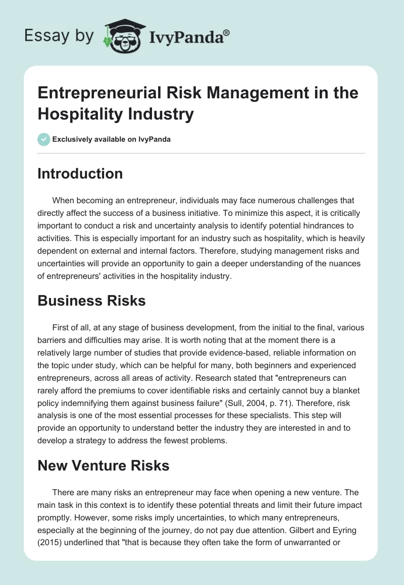 Entrepreneurial Risk Management in the Hospitality Industry. Page 1