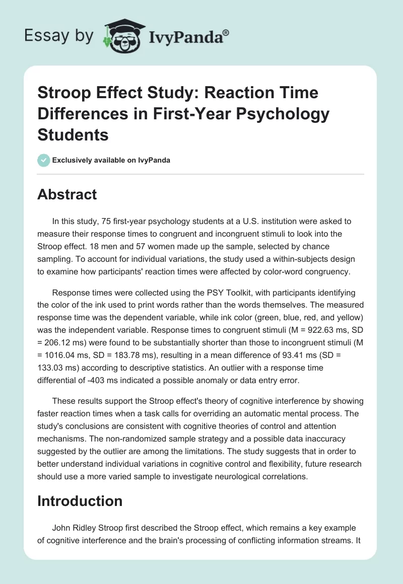 Stroop Effect Study: Reaction Time Differences in First-Year Psychology Students. Page 1
