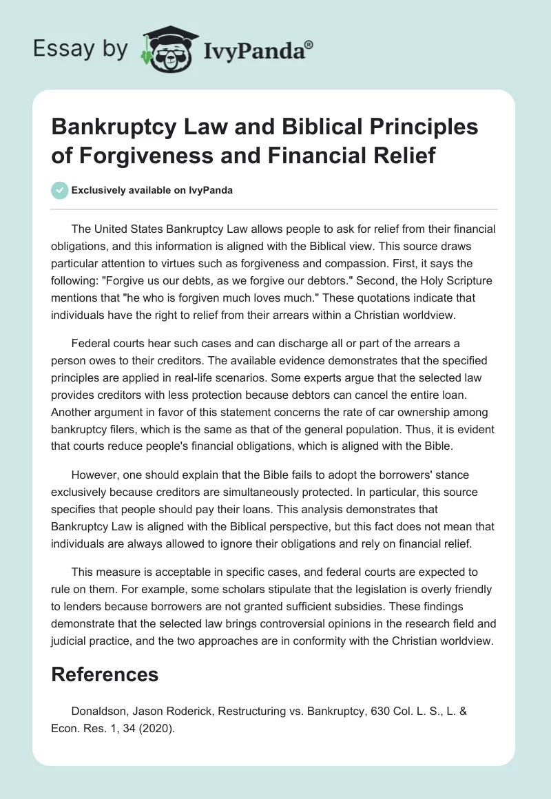 Bankruptcy Law and Biblical Principles of Forgiveness and Financial Relief. Page 1