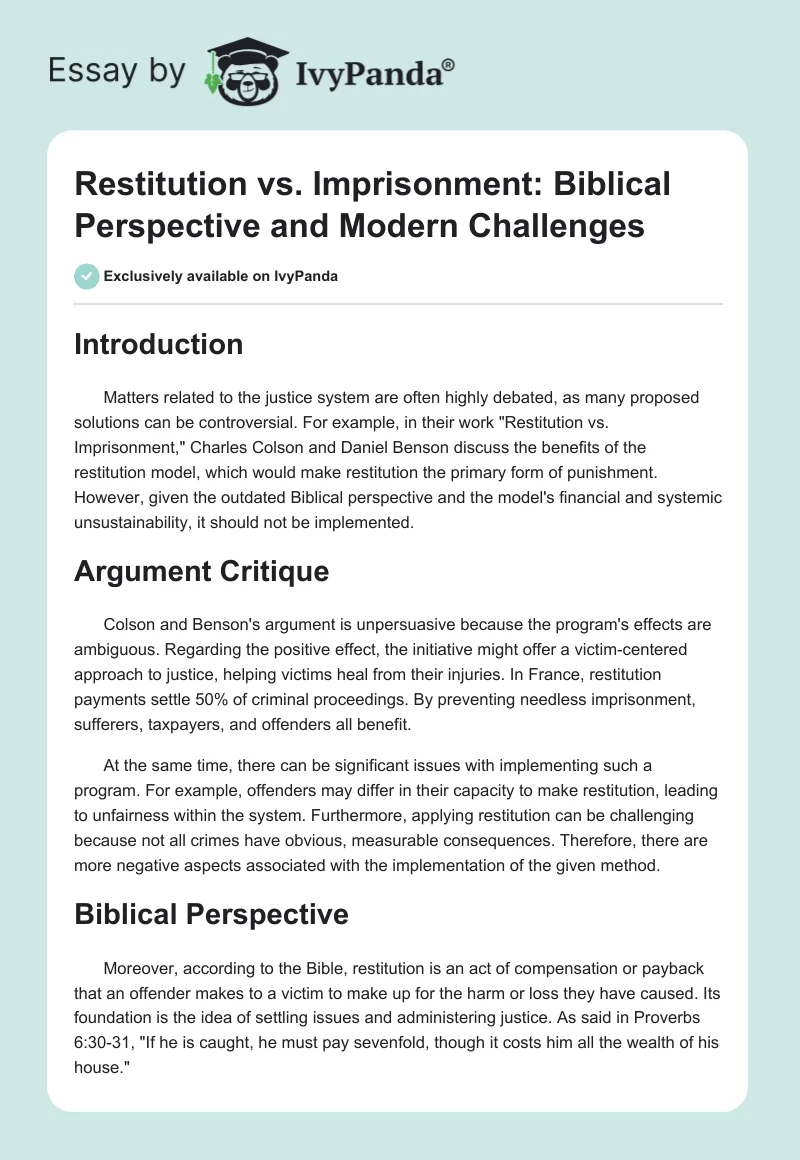 Restitution vs. Imprisonment: Biblical Perspective and Modern Challenges. Page 1