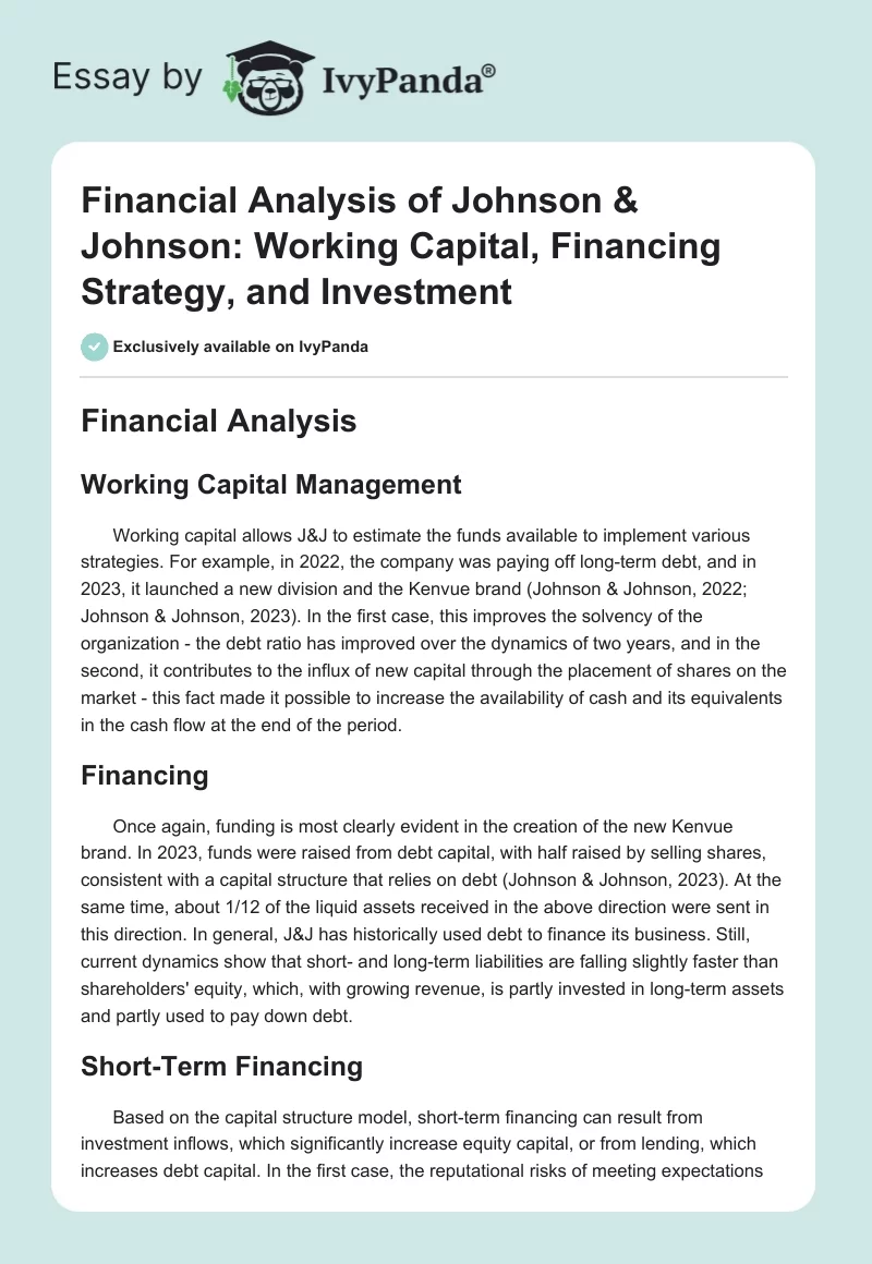 Financial Analysis of Johnson & Johnson: Working Capital, Financing Strategy, and Investment. Page 1