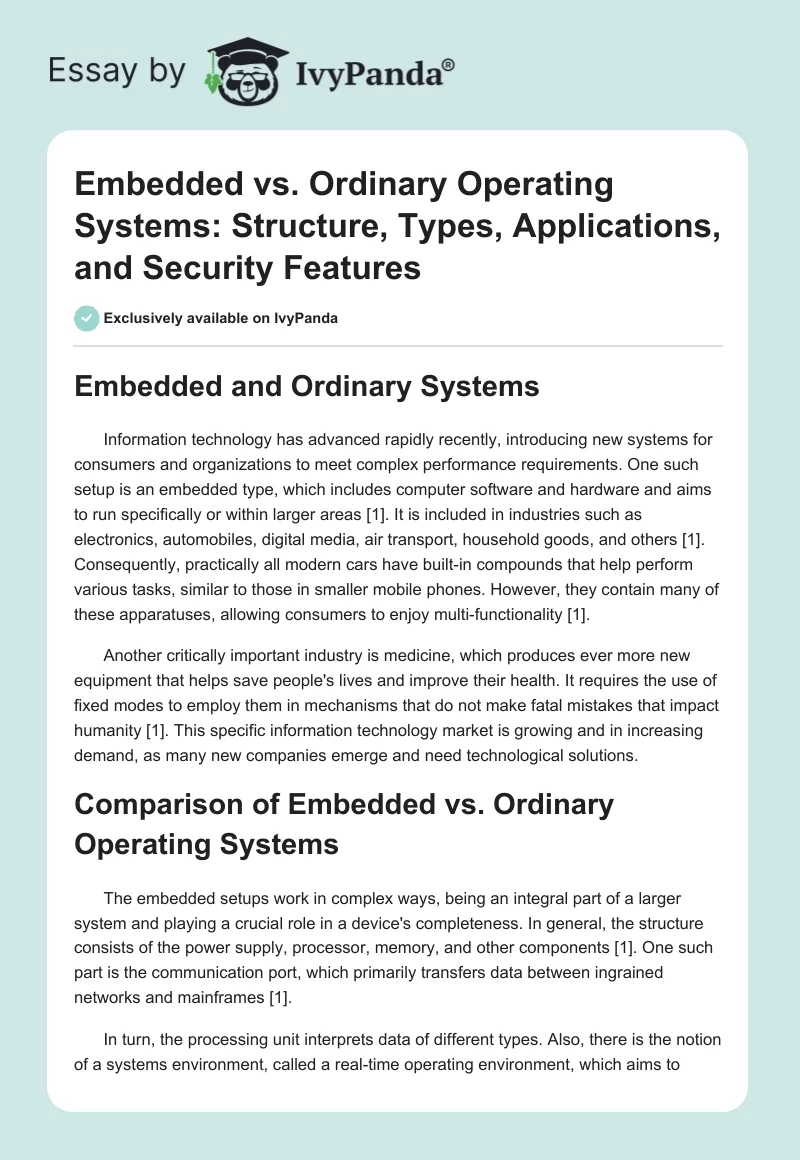 Embedded vs. Ordinary Operating Systems: Structure, Types, Applications, and Security Features. Page 1