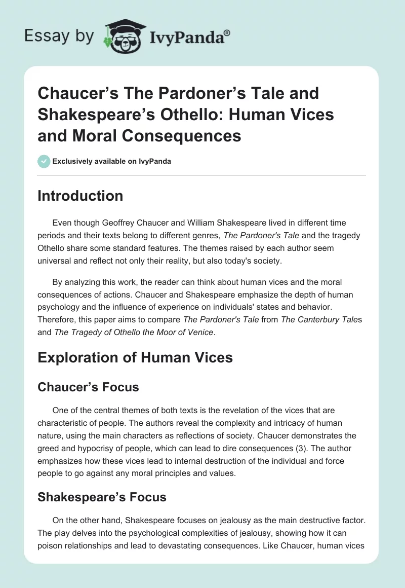 Chaucer’s The Pardoner’s Tale and Shakespeare’s Othello: Human Vices and Moral Consequences. Page 1