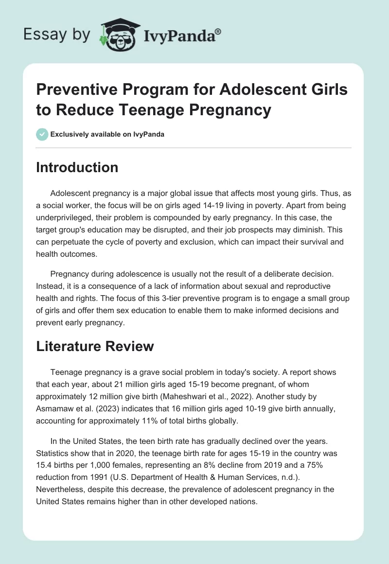 Preventive Program for Adolescent Girls to Reduce Teenage Pregnancy. Page 1
