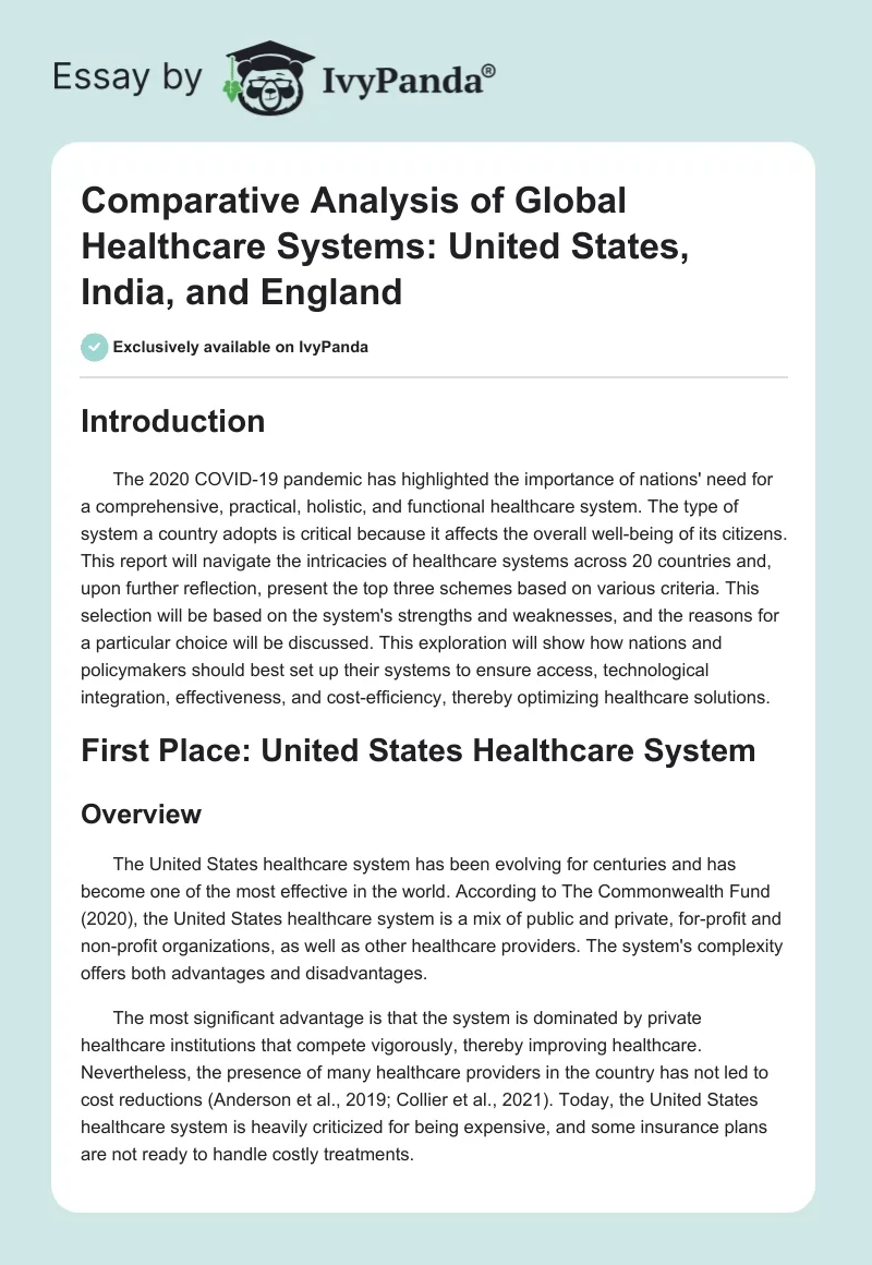 Comparative Analysis of Global Healthcare Systems: United States, India, and England. Page 1