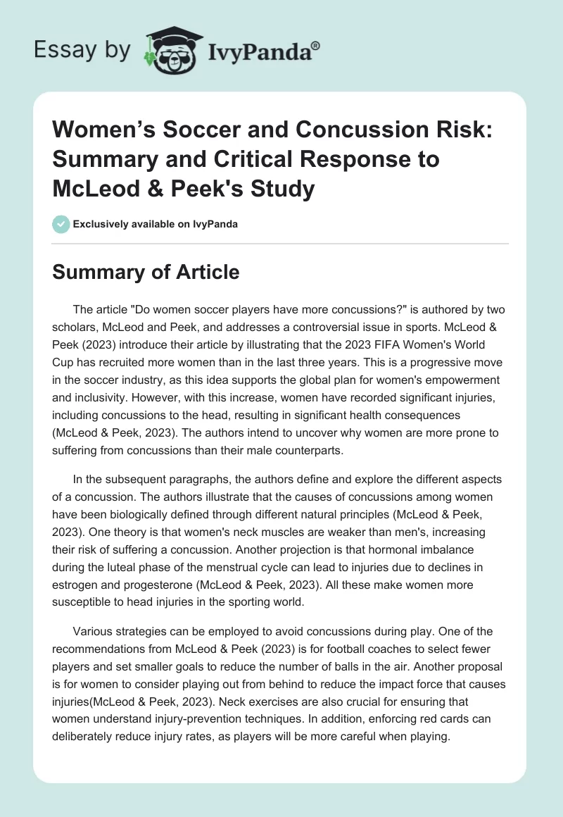 Women’s Soccer and Concussion Risk: Summary and Critical Response to McLeod & Peek's Study. Page 1