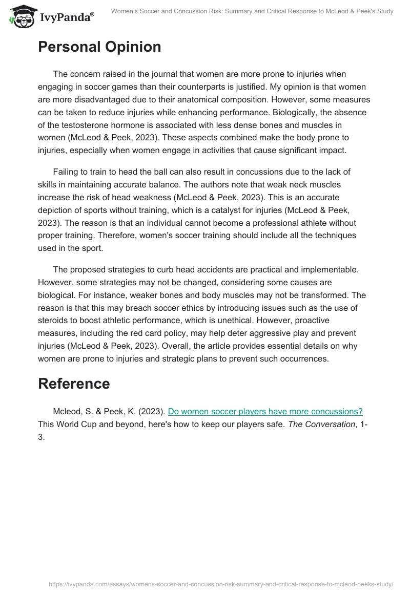 Women’s Soccer and Concussion Risk: Summary and Critical Response to McLeod & Peek's Study. Page 2