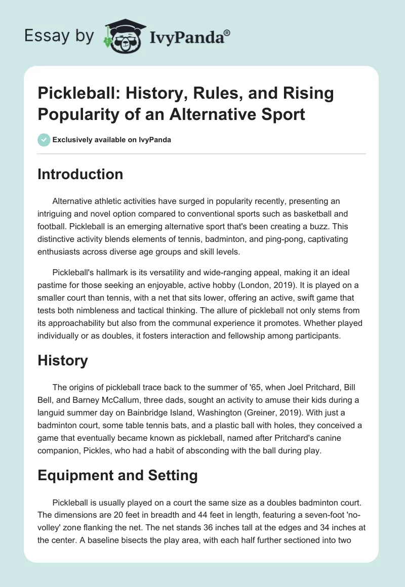 Pickleball: History, Rules, and Rising Popularity of an Alternative Sport. Page 1