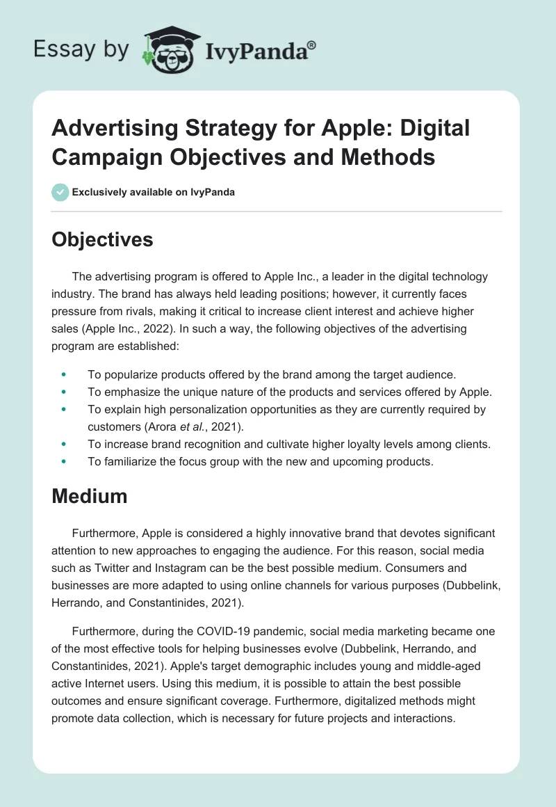 Advertising Strategy for Apple: Digital Campaign Objectives and Methods. Page 1