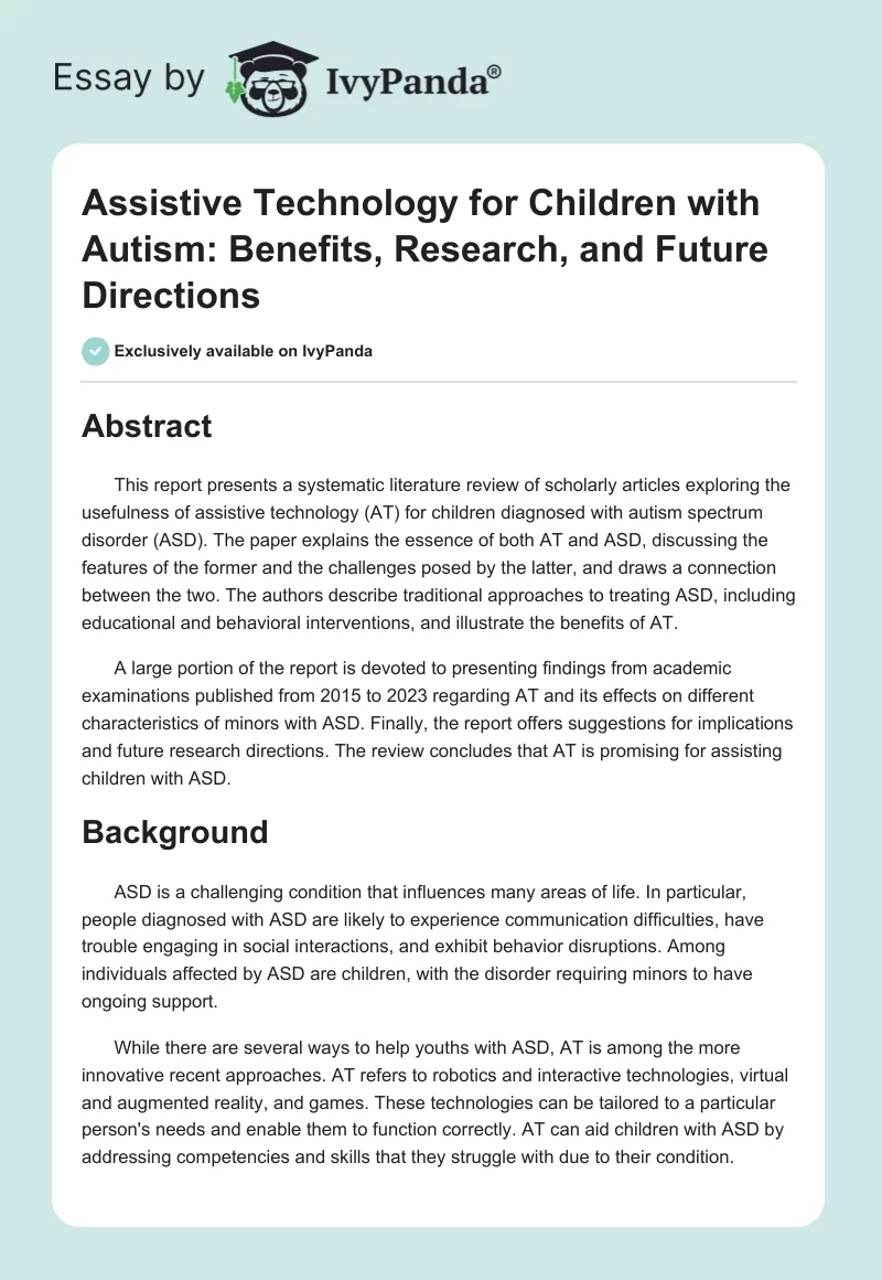 Assistive Technology for Children with Autism: Benefits, Research, and Future Directions. Page 1