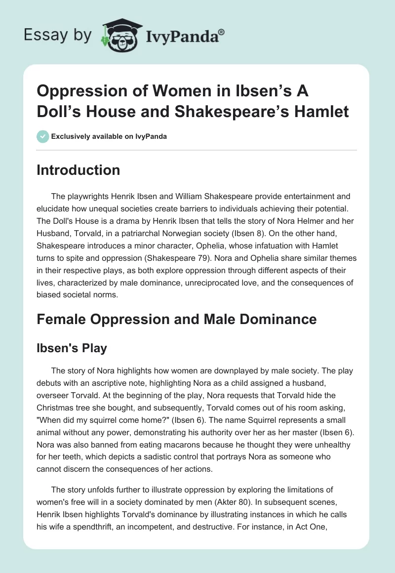 Oppression of Women in Ibsen’s A Doll’s House and Shakespeare’s Hamlet. Page 1