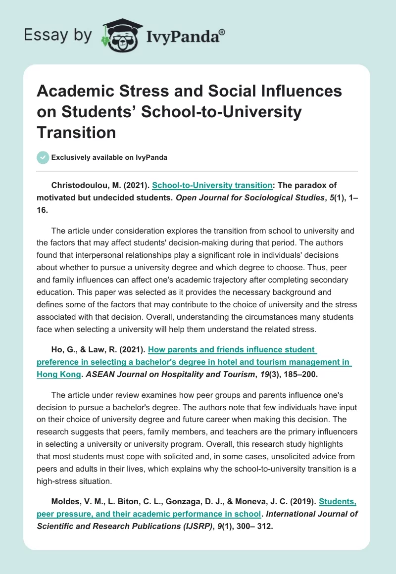 Academic Stress and Social Influences on Students’ School-to-University Transition. Page 1