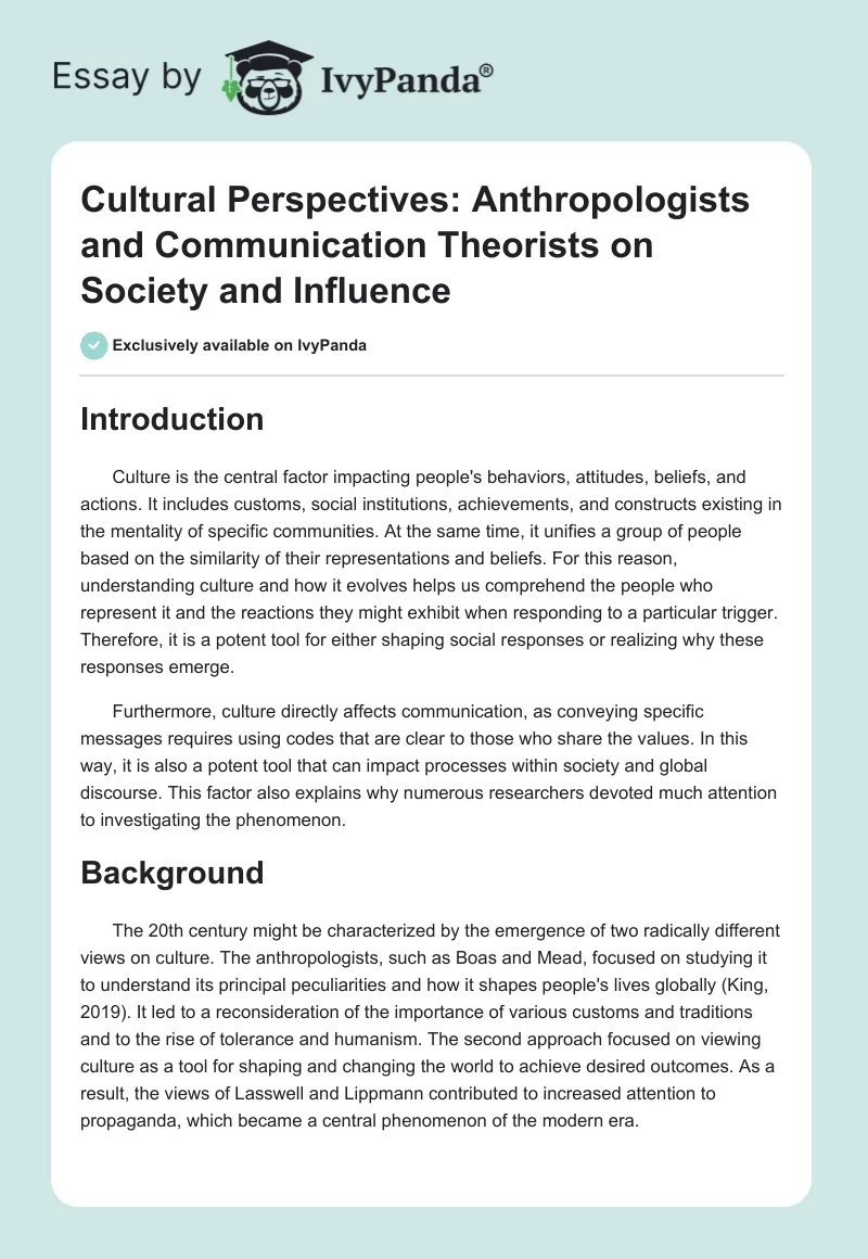 Cultural Perspectives: Anthropologists and Communication Theorists on Society and Influence. Page 1