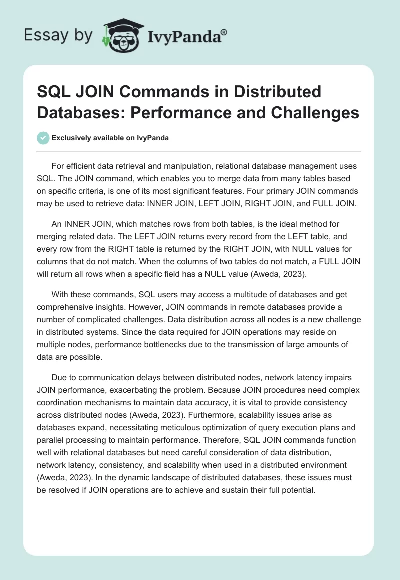 SQL JOIN Commands in Distributed Databases: Performance and Challenges. Page 1