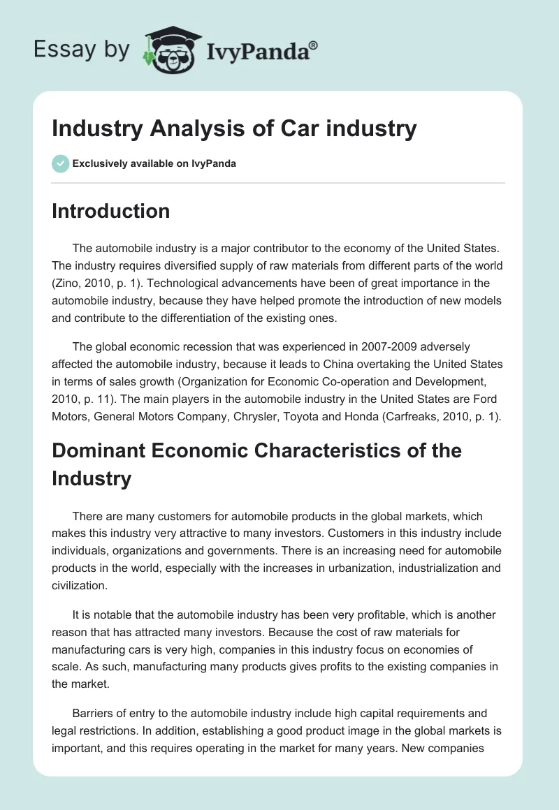 Industry Analysis of Car industry. Page 1