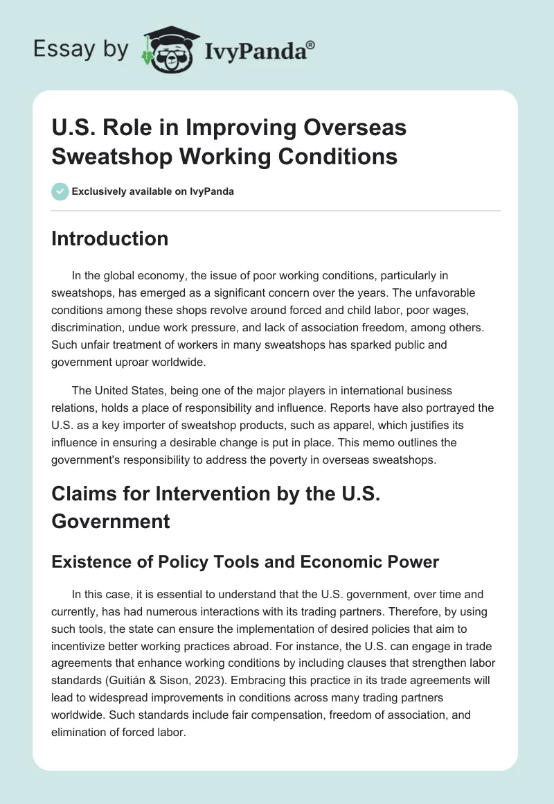 U.S. Role in Improving Overseas Sweatshop Working Conditions. Page 1