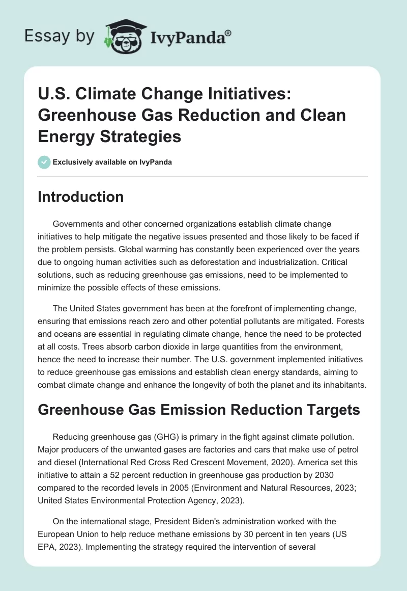 U.S. Climate Change Initiatives: Greenhouse Gas Reduction and Clean Energy Strategies. Page 1