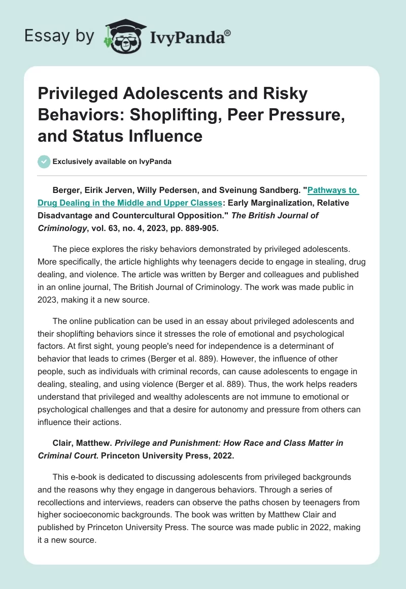 Privileged Adolescents and Risky Behaviors: Shoplifting, Peer Pressure, and Status Influence. Page 1