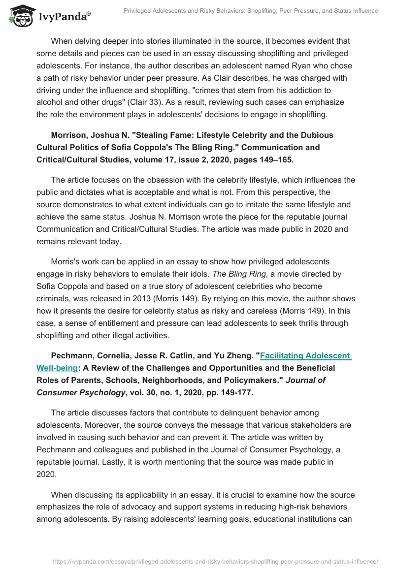 Privileged Adolescents and Risky Behaviors: Shoplifting, Peer Pressure, and Status Influence. Page 2