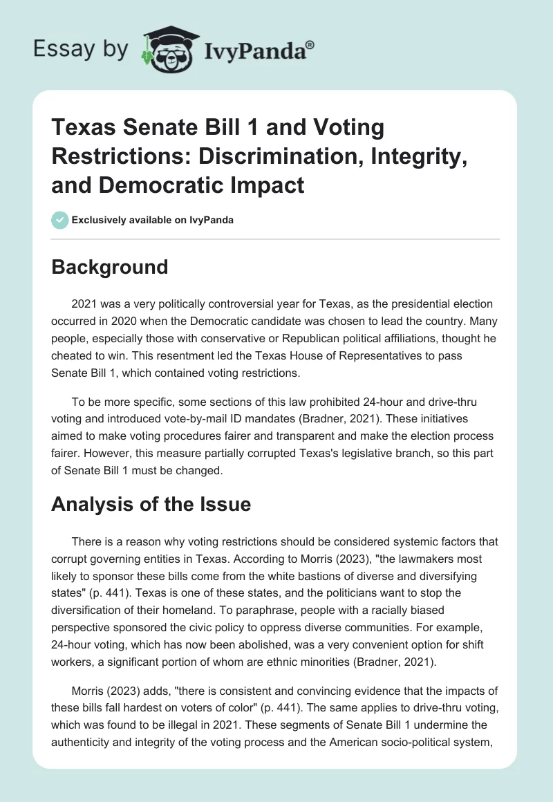 Texas Senate Bill 1 and Voting Restrictions: Discrimination, Integrity, and Democratic Impact. Page 1