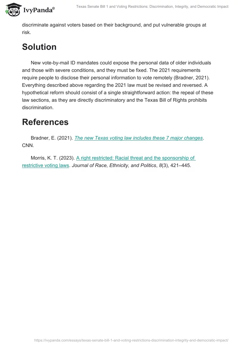 Texas Senate Bill 1 and Voting Restrictions: Discrimination, Integrity, and Democratic Impact. Page 2
