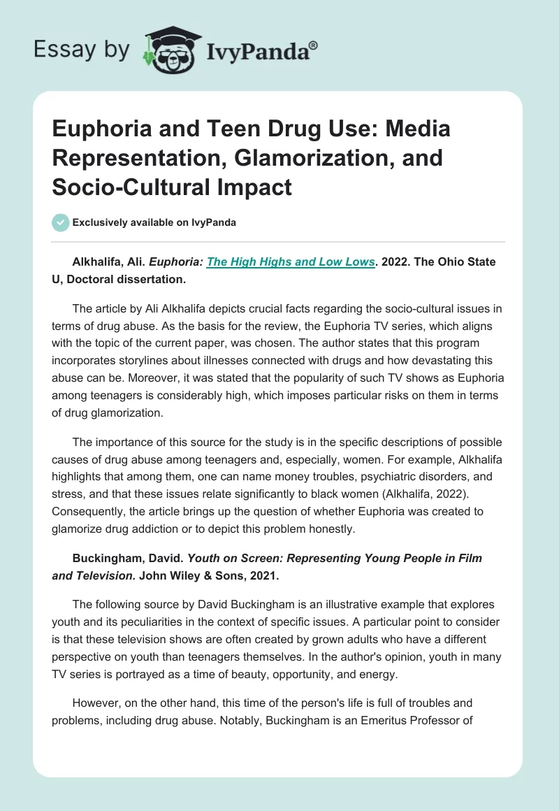Euphoria and Teen Drug Use: Media Representation, Glamorization, and Socio-Cultural Impact. Page 1