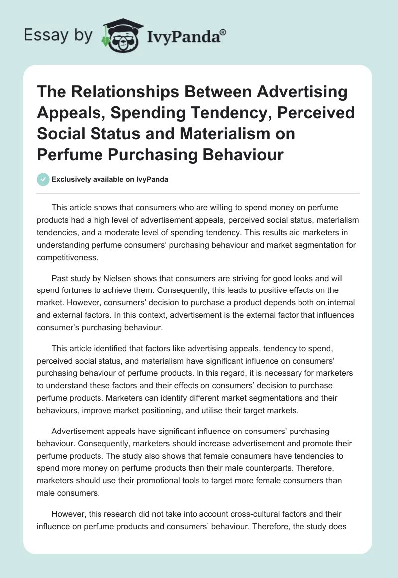 The Relationships Between Advertising Appeals, Spending Tendency, Perceived Social Status and Materialism on Perfume Purchasing Behaviour. Page 1