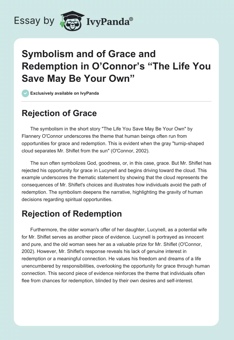 Symbolism and of Grace and Redemption in O’Connor’s “The Life You Save May Be Your Own”. Page 1